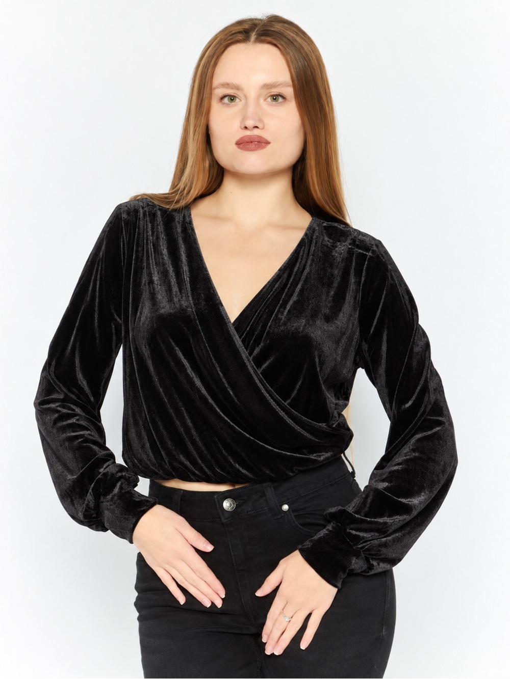 Black Tape_ NWT Black Velvet Wrap Surplice Blouse Long Sleeve Holiday Top Sz L